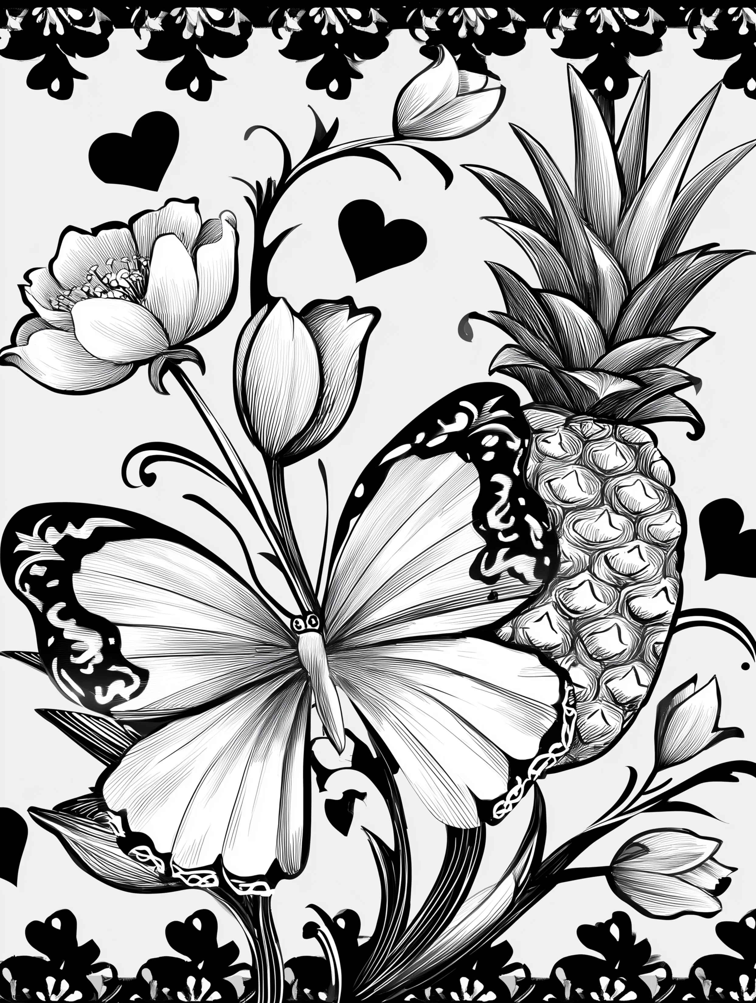 Free printable butterfly coloring page for adults featuring a butterfly with a pineapple